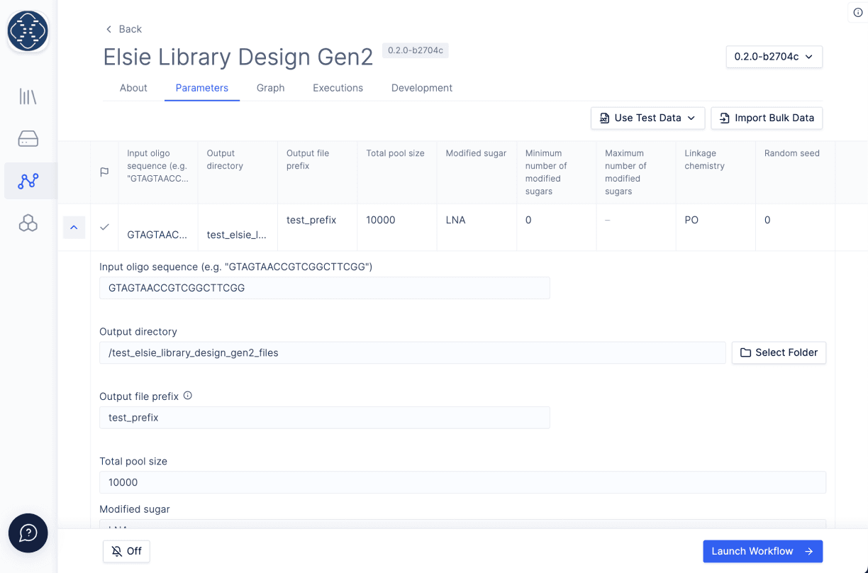 Elsie Biotechnologies’s Library Design Gen2 interface in the LatchBio platform displaying options for oligonucleotide sequence input and library design parameters