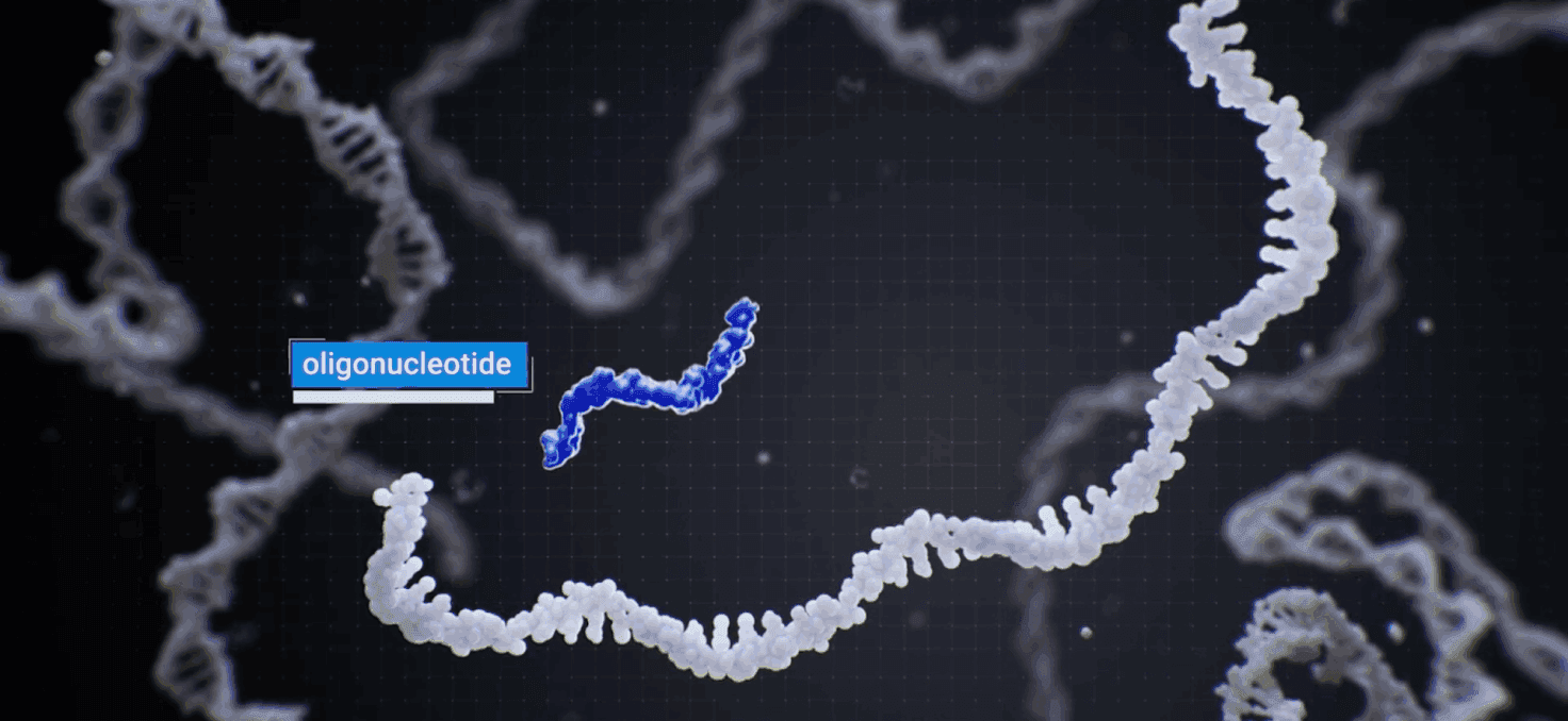 Illustration of an oligonucleotide binding to a DNA strand in a molecular simulation