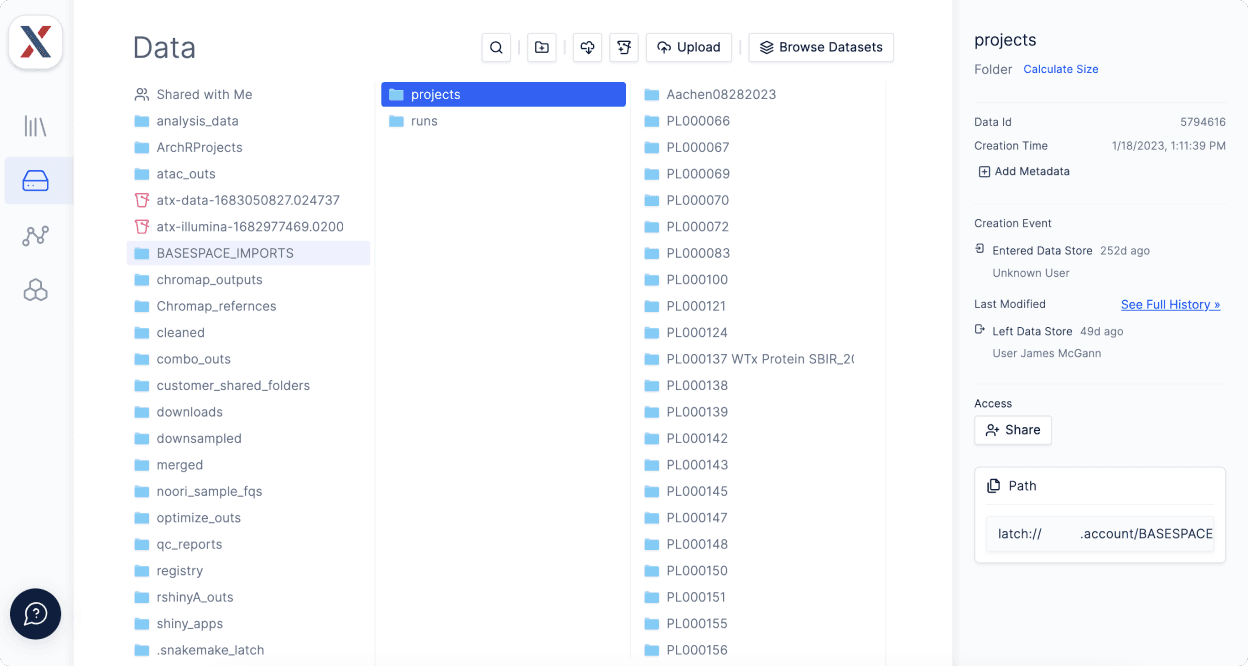 AtlasXomic’s Latch Data interface where you can store any size files of any type in the cloud based Latch platform