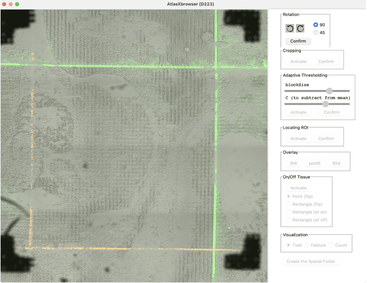 Image of a tissue section in AtlasXBrowser with crosshairs for ROI selection and adaptive thresholding controls