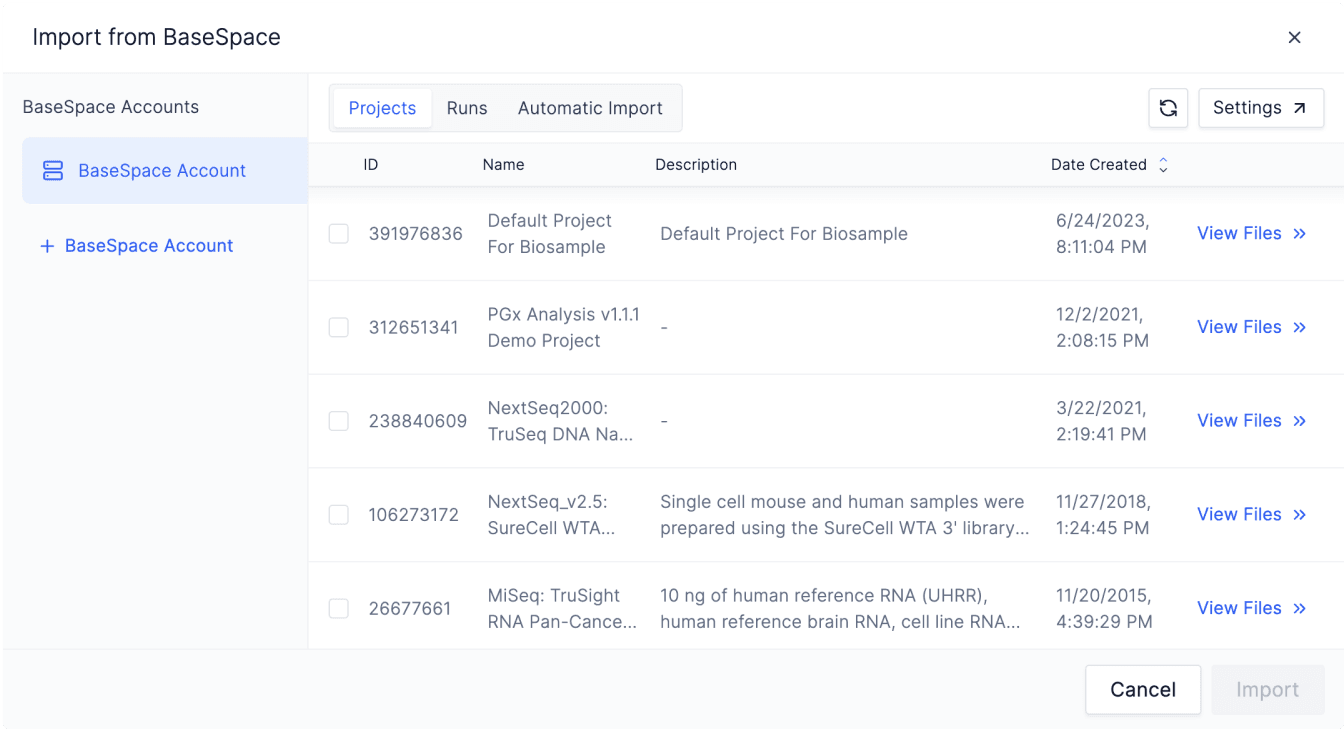 LatchBio’s data import interface from BaseSpace with project listings and descriptions for various bioinformatics analyses