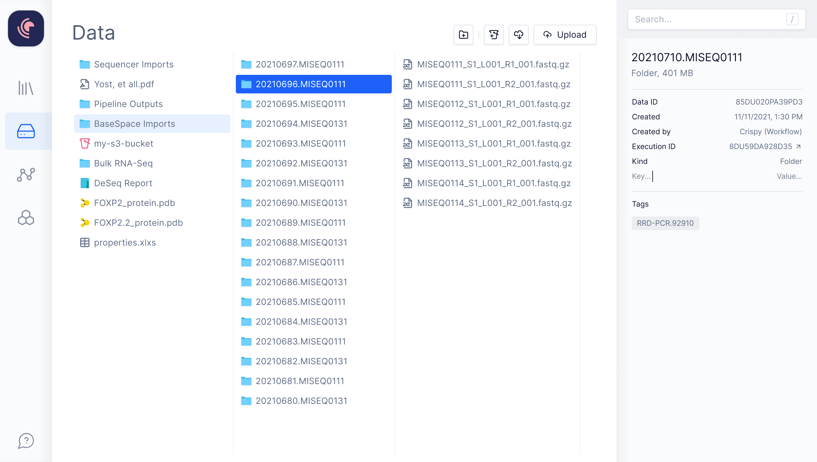 Latch Software Platform showing NGS (RNA, DNA, etc.) fastq files that had been imported from Illumina BaseSpace