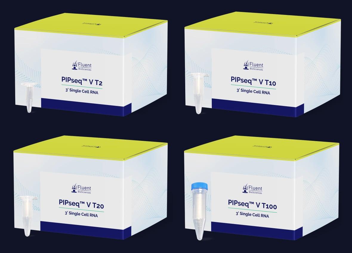 A rendering of 4 Fluent Biosciences PIP-Seq kits