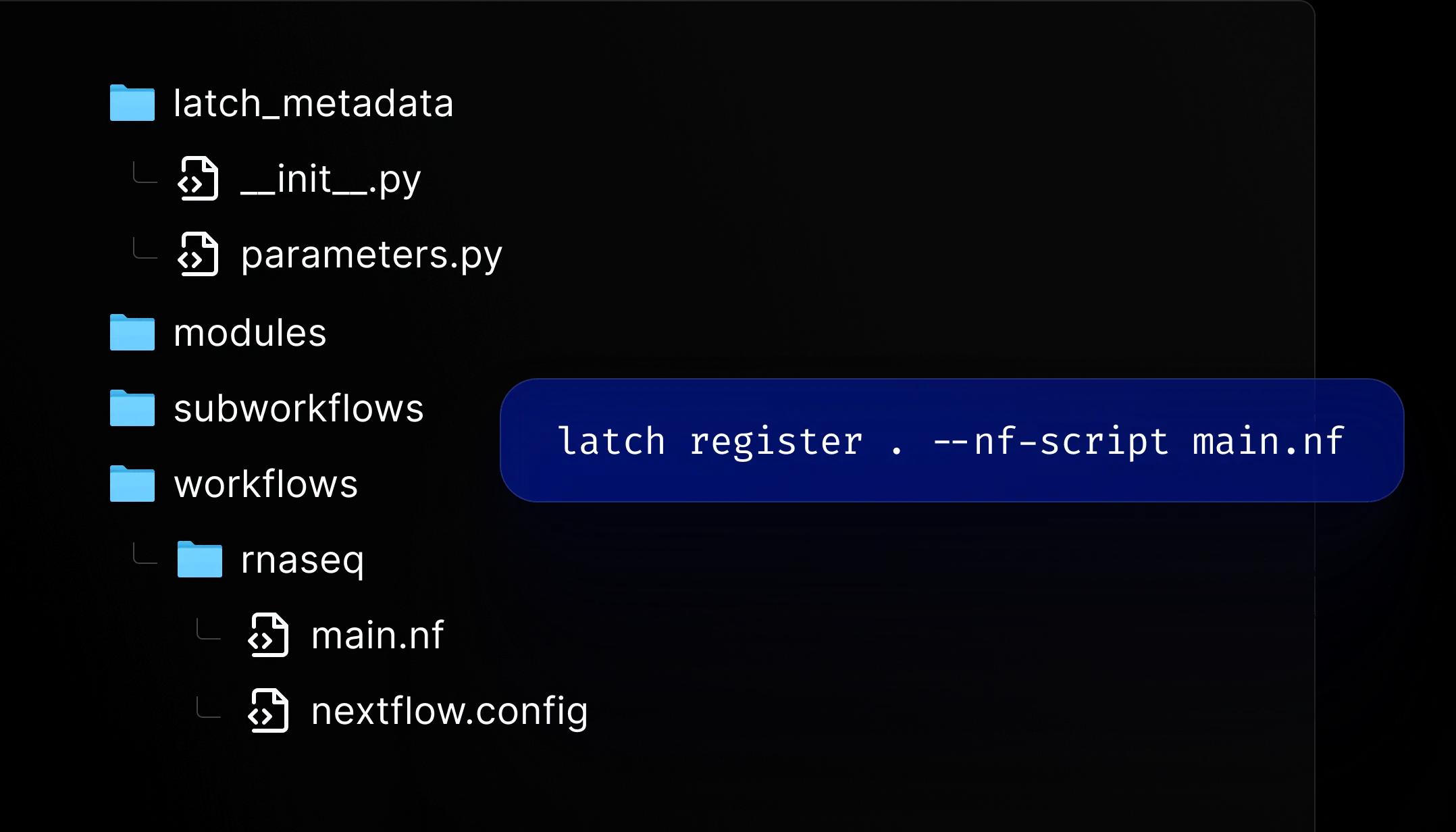 Nextflow nf-core rna-seq project folder structure with code registration command in LatchBio for efficient workflow deployment.