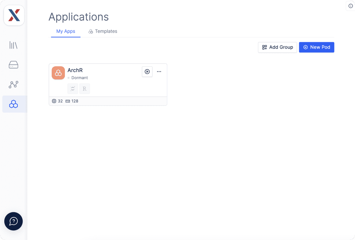 LatchBio platform Pods interface displaying the ArchR app with resource usage and status indicators