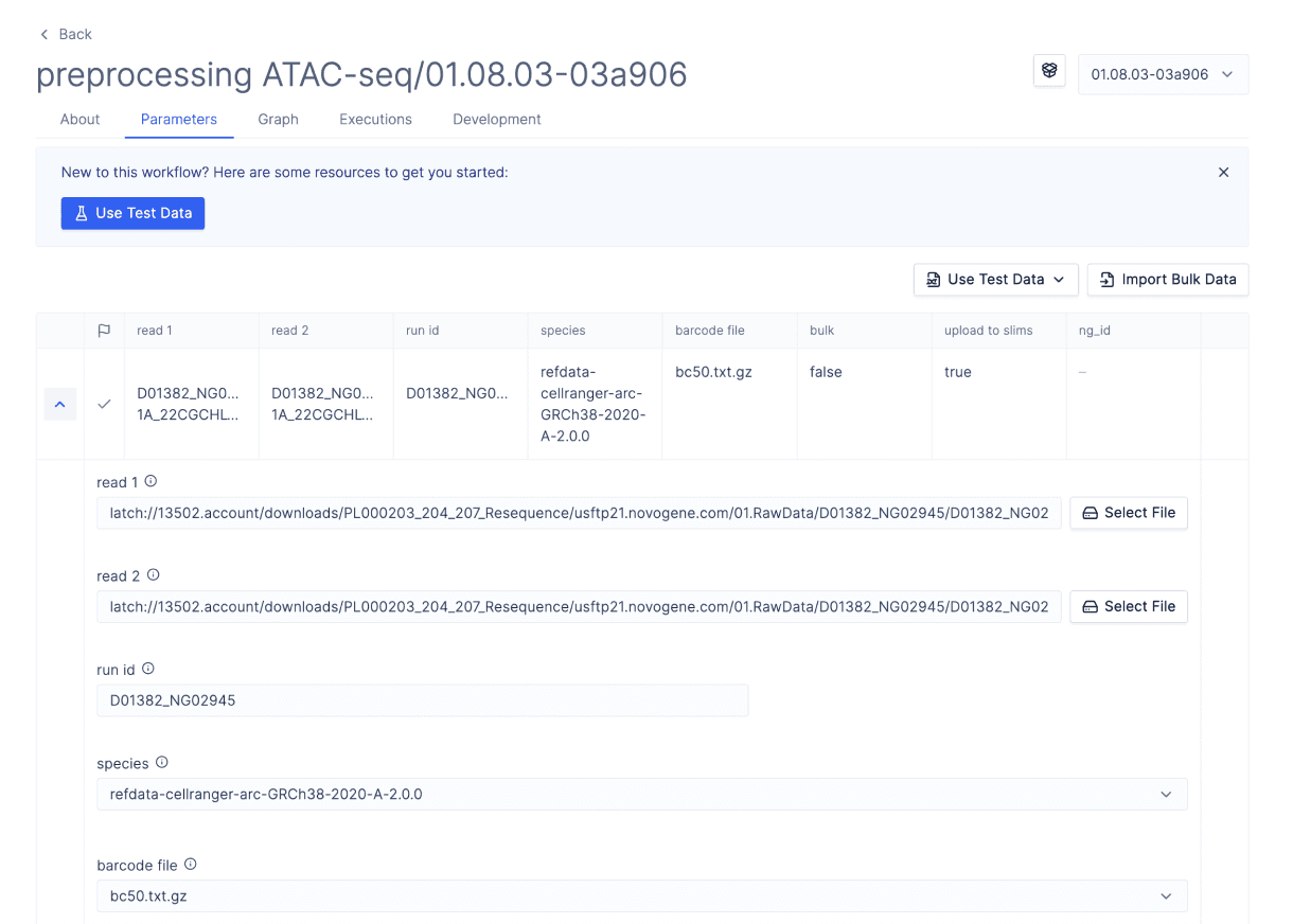 AtlasXomics created an interface through Latch SDK for preprocessing ATAC-seq data with input fields for reads, run ID, species, and barcode file. 