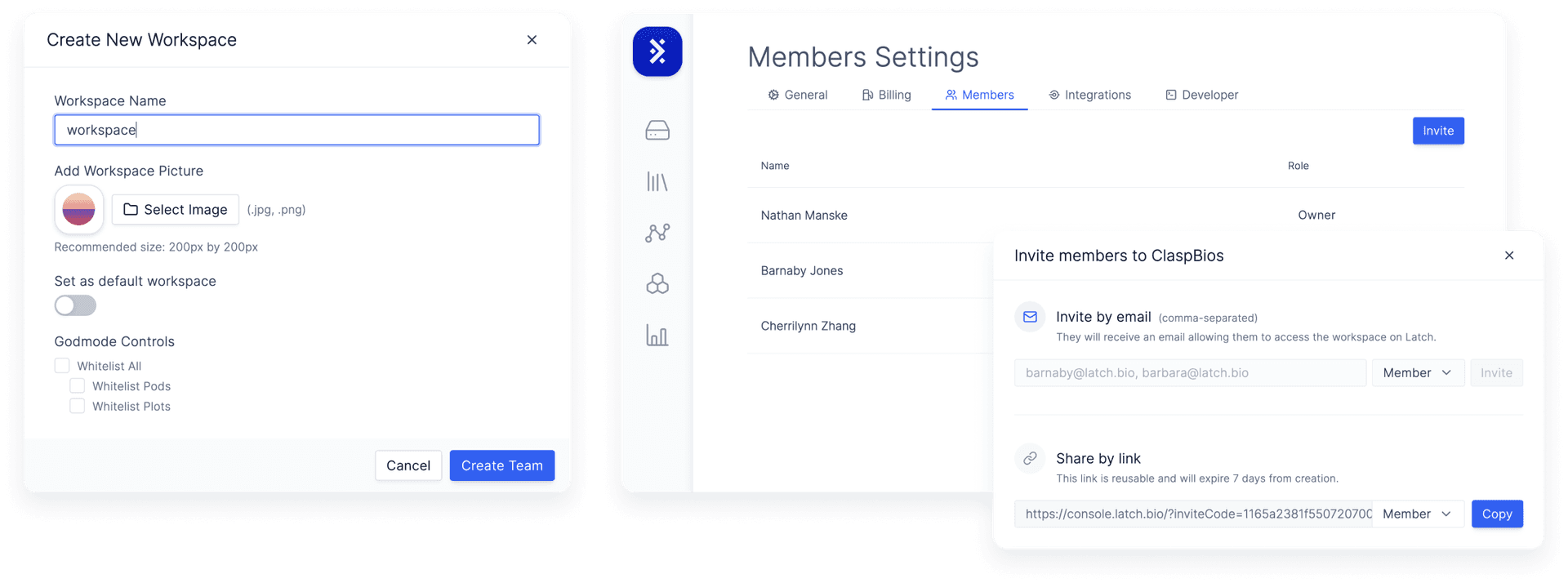 Workspace where you can customize workspace and and icon, view members and member role, and invite members by link or email.